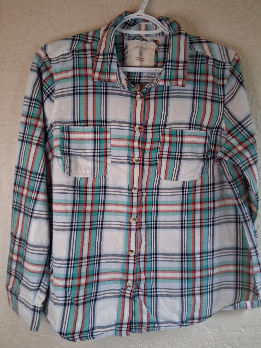 Sonoma Flannel White Blue Plaid Button-Up Shirt with Teal & Red Stripes SZ PL